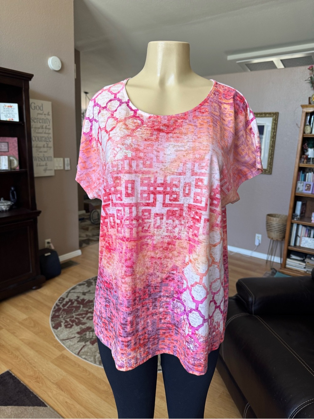Boutique shades of pink, orange & white short sleeve blouse-size XL